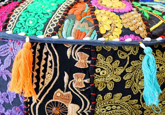 New Black Vintage Pouf Cover Indian Handmade Patchwork Ottoman Home Decorative  - Image 3 of 4