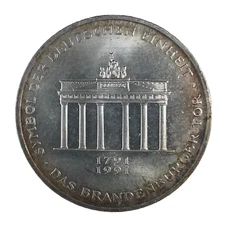 1991 A Germany Brandenburg Gate in Berlin .625 Silver 10 Mark  Toned Coin