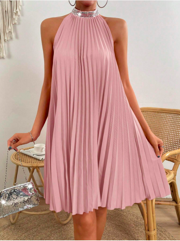 pink pleated halter neck dress Women's Solid Color Pleated Maxi Dress, Sleeveless Tube Top Halter Neck Flowy, Lightweight Beach Vacation Summer Resort Party Outfit for Travel & Date Night Pink M