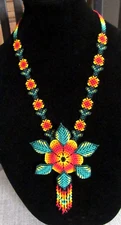 Vintage Huichol Indian Beaded Flower Folk Art Boho Necklace (JN-41)