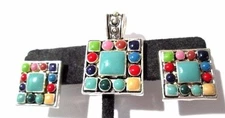 Set  Signed MJ Enamel Vintage Pendant and Matching Pierced Earrings Mosaic