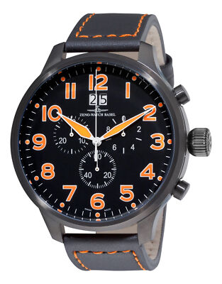 Zeno Men's 'SOS' Black Dial Black Leather Strap Chronograph Watch