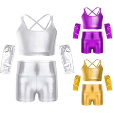 Girls Shiny Metallic Dance Outfits Crop Top Shorts Gloves Stage Performance