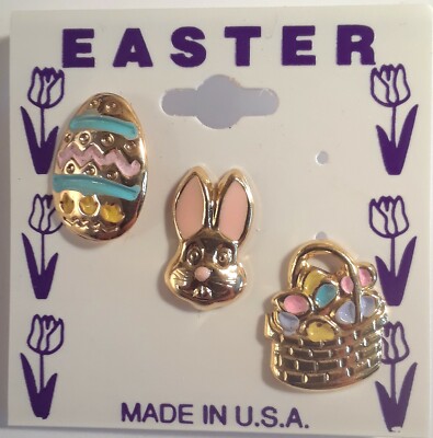 Easter Trio Three Lapel Pins on Card; Bunny, Egg, & Basket Gold Plate OSC NEW