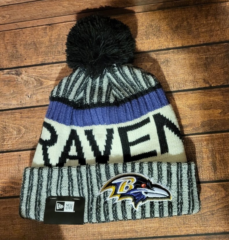 New Era Baltimore Ravens On Field Sport Knit Pom Winter Beanie Hat OSFM New