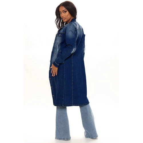 Damen Mode Denim Windbreaker Lange Vintage Denim Mantel Lange Jeansjacke Mantel - Bild 4 von 18