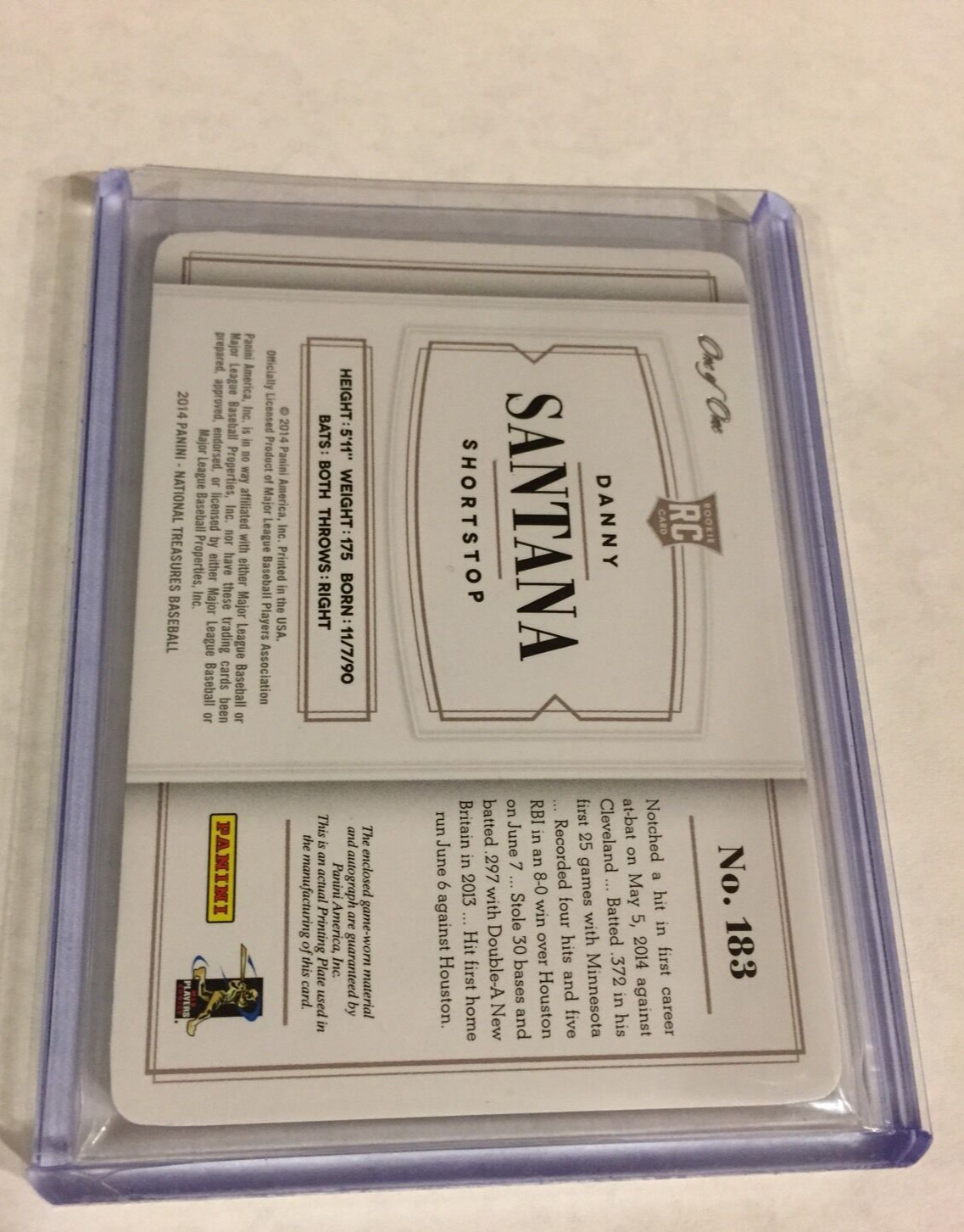 2014 NATIONAL TREASURES YELLOW PLATE PATCH ROOKIE DANNY SANTANA BAT AUTO RC 1/1 view 2