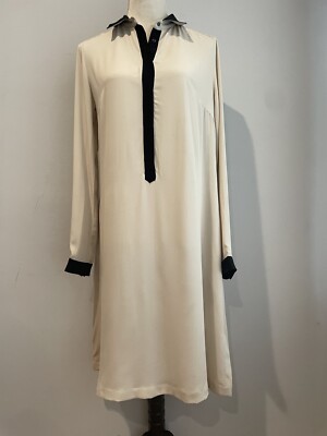 Max Mara 100% Silk Shirt Dress Midi Beige Hidden Half Button Pockets 6 NWT  | eBay