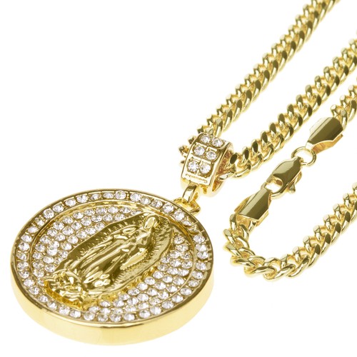 Gold Plated Iced Virgin Mary Guadalupe Pendant 24" Cuban Chain Necklace CPB3011G - Picture 2 of 4