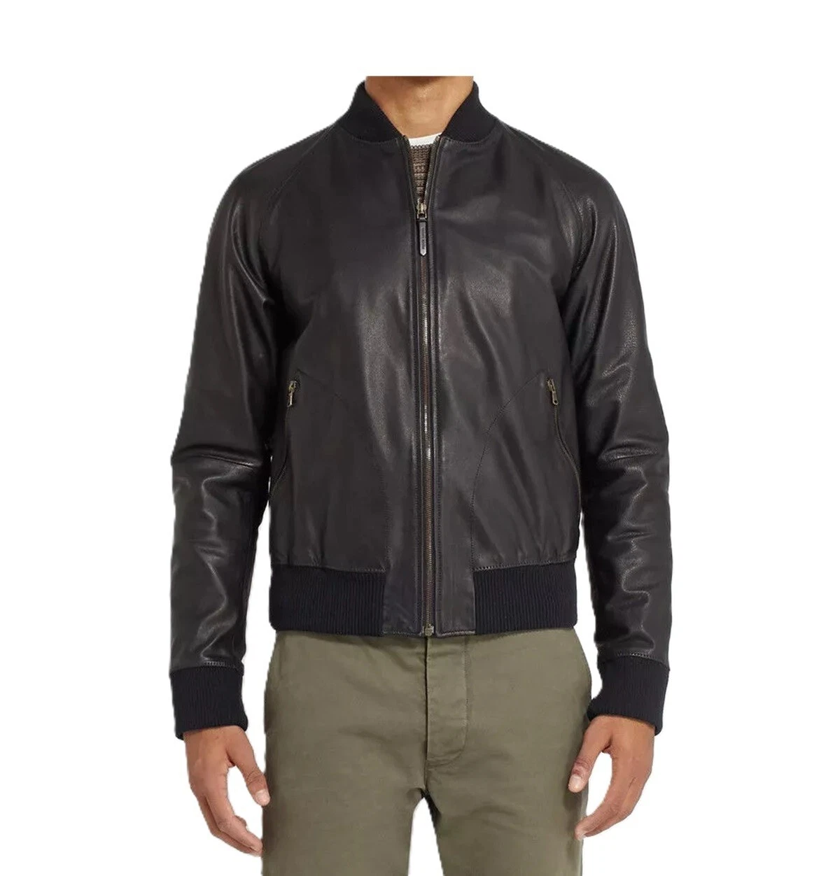Men's 100% Real Lambskin Leather Black Bomber Jacket Baseball Aviator Pilot Coat