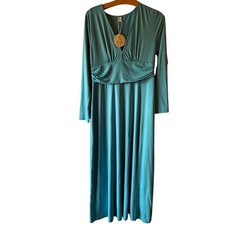 ANRABESS Teal Ruched V Neck Long Sleeve Slit Evening Maxi Dress Women's L NWT