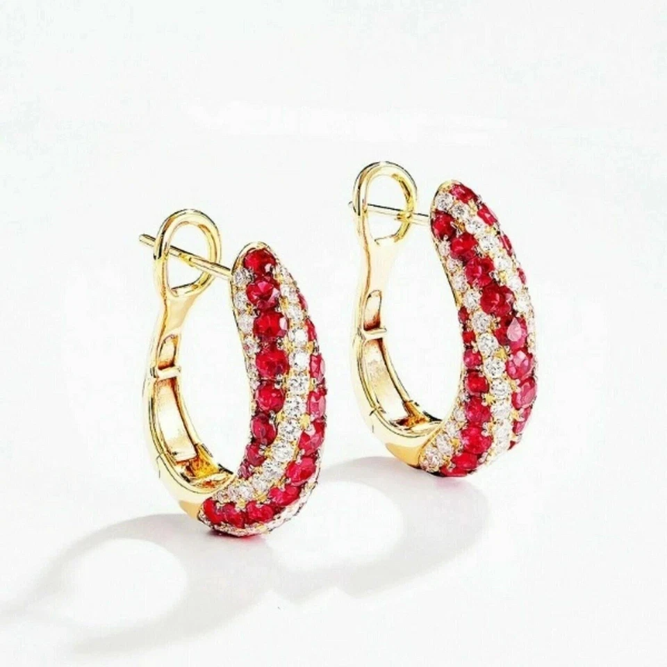 2Ct Round Cut Lab-Created Red Ruby Huggie Hoop Earrings 14K Yellow Gold Plated - Image 4 of 4