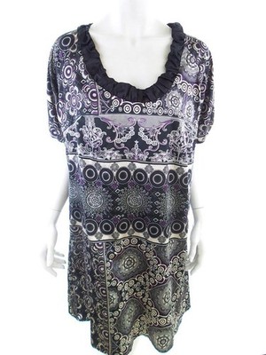 ZIZZI Damen Elegantes Kleid Gr. M Lila Kurzer Ärmel Knielang Runder Ausschnitt