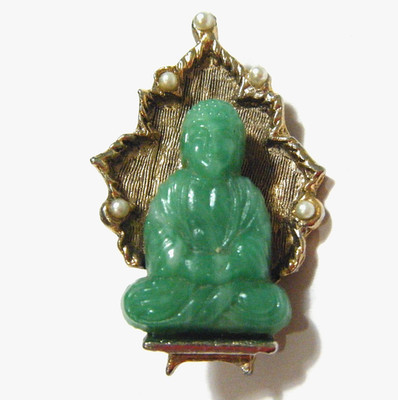 Vintage 60s Gold Ambassador Green Jade Peking Glass Buddha Brooch Pin Good Luck