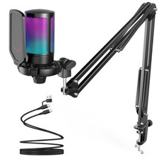 FIFINE Gaming PC USB Microphone, Podcast Condenser Mic with Boom Arm, Pop Fil...