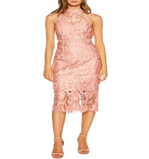 Bardot Women's Lace Sleeveless Halter MIDI Cocktail Sheath Dress Pink Size Small