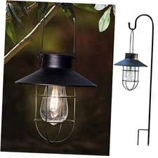  Hanging Solar Lights Lantern Lamp with Shepherd Hook, Metal 2 Pack Black