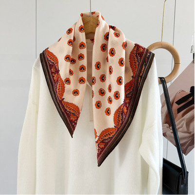 70% Cashmere 30% Silk Scarf Shawl 65X65cm Wrap Orange floral Print Double Face 