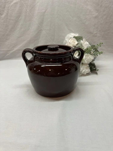 Vintage Brown Glaze Stoneware Crock Bean Pot With Handles and Lid Pottery USA