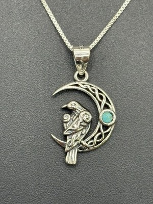 Neu Zustand 18'' Sterlingsilber Türkis keltischer Vogel Mond Anhänger Halskette 
