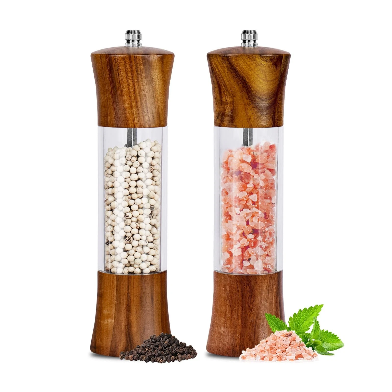 Acacia Wood Premium Acrylic Salt and Pepper Grinder Set 8 Inches Salt and Pep...