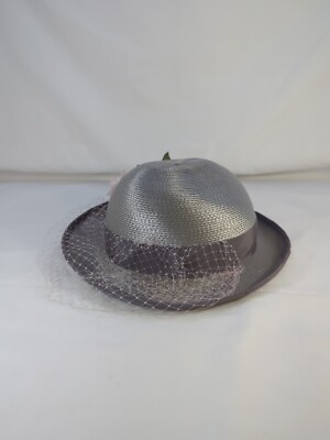 Neiman Marcus Womens Straw Hat Silver Church Derby Flower Rose Netting Ribbon kentucky derby hat fascinator silver gray satin w/ netting  main image 4