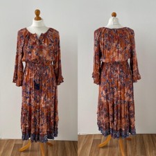 Brown floral paisley boho western midi dress rayon small UK 8 10
