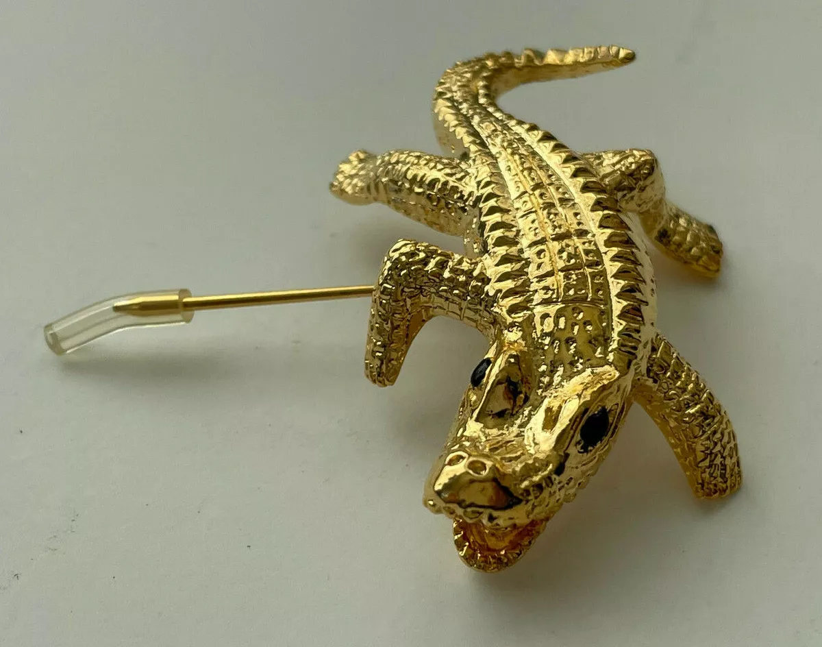 Alligator Crocodile Lizard Gold Tone Metal Brooch Pin Black Eyes