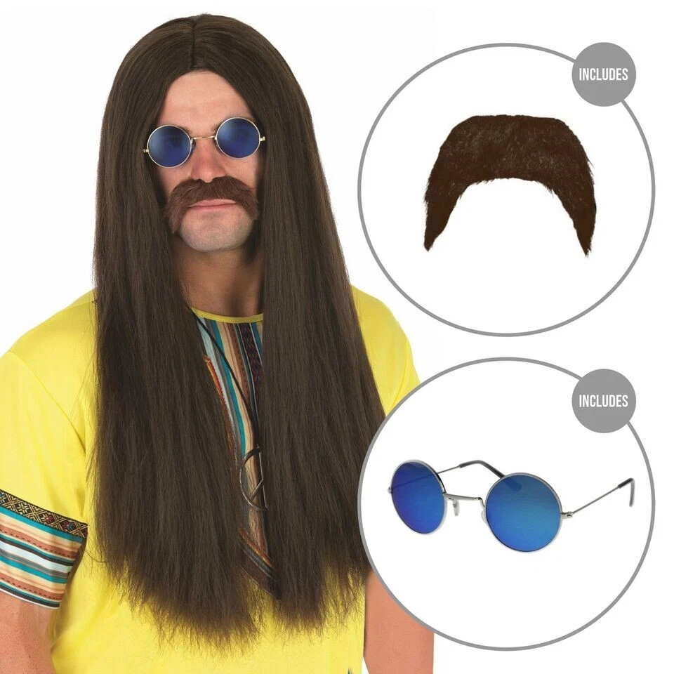 Peluca Hippie Larga Marrón Años 70 Para Hombres + Vasos Tash Adulto Hippy Disfraz Halloween Foto 2 de 2