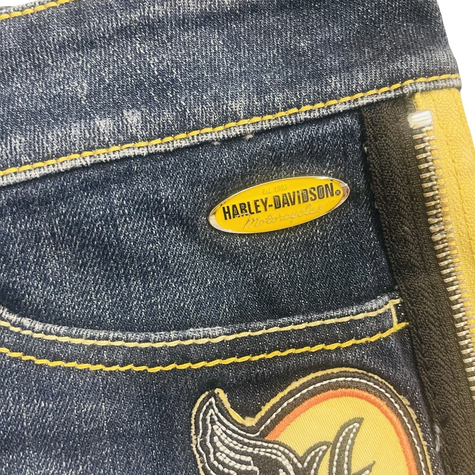 Shorts jeans feminino vintage Harley Davidson tamanho 14 remendos margarida duques cortados - Imagem 3 de 4