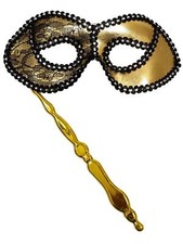 Gold With Black Opera Stick Lace Mask Masquerade Party Mardi Gras Halloween