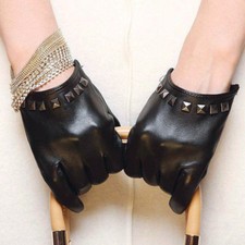 Women’s Ladies Real Leather Goat skin Thin Punk Rivet Touch Screen Short Gloves