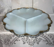 Vtg Anchor Hocking 3 Space 10" Serving Plate Gold Trim Fire King Milk Glass