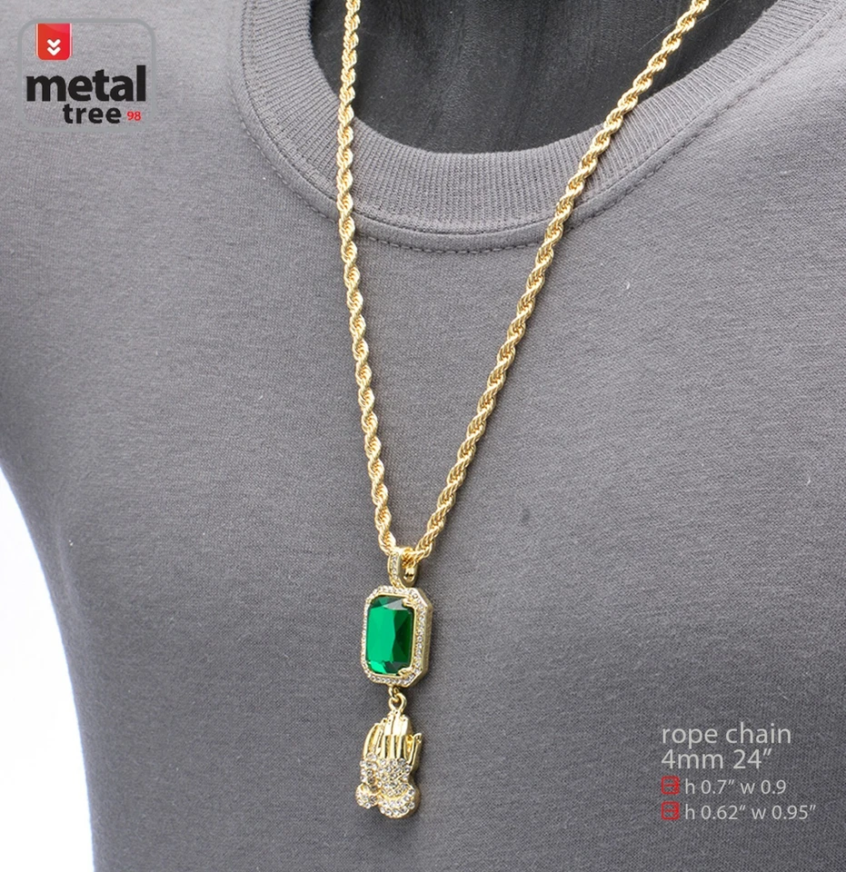 Collar de cadena de cuerda de 20" colgante doble rubí verde y oración hip hop para hombre HC 304 G Foto 2 de 3