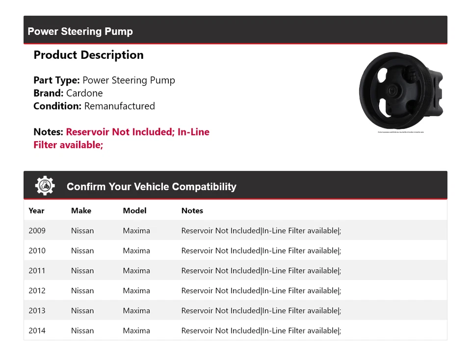 Bomba de dirección asistida Cardone para Nissan Máxima 2009-2014 2010 2011 2012 2013 Foto 2 de 4