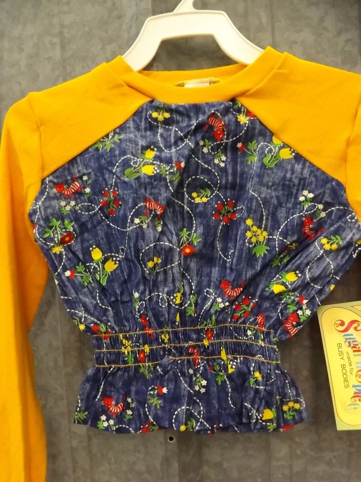 Vtg 70s NEW NWT Bold Colors Kitten Floral Cropped Length Long Sleeve Top Sz 12 - Image 2 of 4