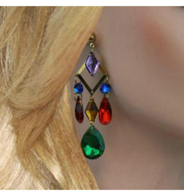Multicolor Crystal Jewel Dangle Chandelier Pierced Earrings Mardi Gras 3 1/2''