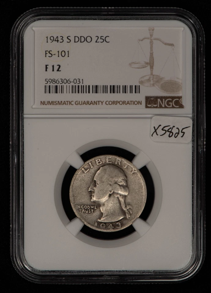 1943-S DDO 25c Silver Washington Quarter - FS-101 Double Die - NGC F 12 - X5825 - Image 2 of 4