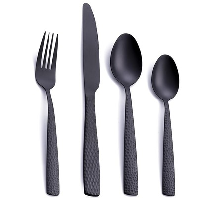 Matte Black 24 Pcs Silverware Flatware Set of 6 Stainless Steel Hammered