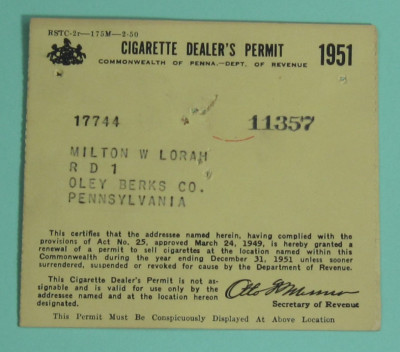 1951 Oley County Pennsylvania Cigarette Dealer's Permit Business License