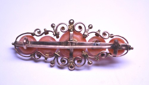 ANTIQUE VICTORIAN 10K YELLOW GOLD CORAL & TINY SEED PEARL FANCY BAR PIN - Picture 2 of 6