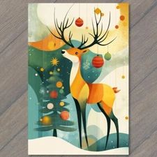 POSTCARD Christmas Reindeer Snowy Scene Festive Holiday Deer Lights Ornaments
