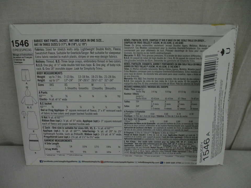 Simplicity 1546 A Baby Infant Pants Jacket Hat Sack XXS 1 to 18 m Sewing Pattern - Image 3 of 4