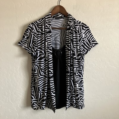 Black and White Top Womens Large Shirt Layered Zebra Print Vintage Blouse