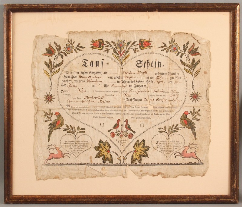 18thC Antique JOHN BAUMAN Ephrata Cloister Folk Art Painted TAUFSCHEIN Fraktur