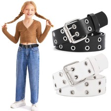 2 Pack Double Grommet Belts With Holes for Girls Boys PU Leather Row Grommet ...