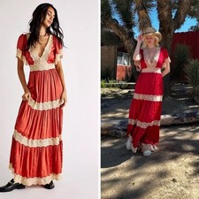 SPELL Ocean Gown Red Tiered Lace Maxi Dress Small