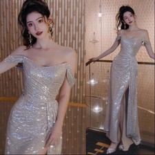 Gorgeous Off Shoulder Shine Sequins Bodycon split Fishtail Gown Evening Dresses