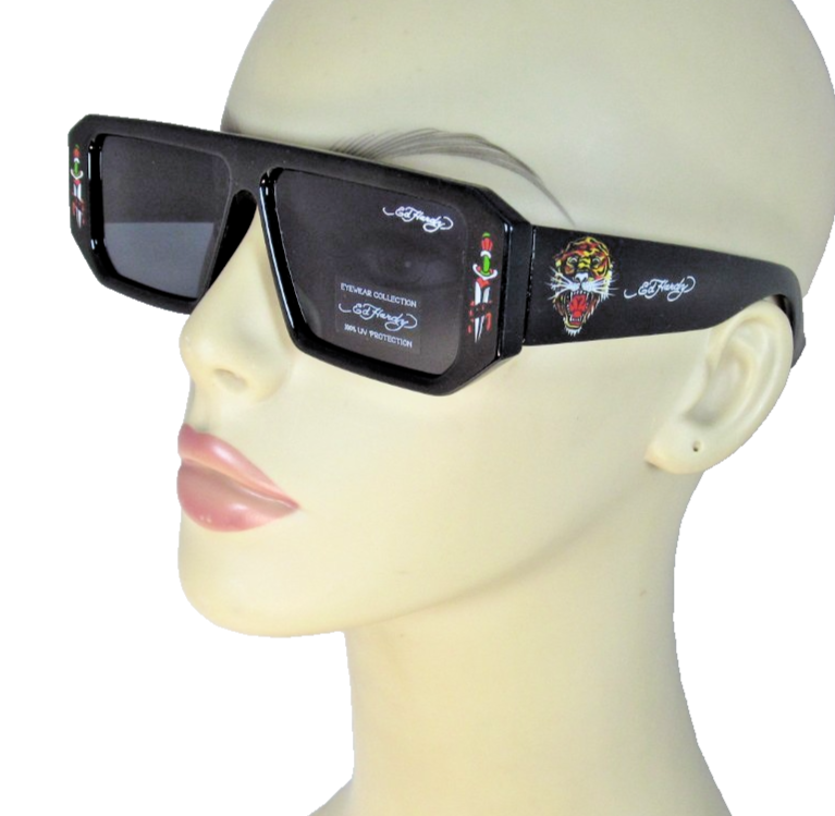 ED HARDY Glossy Black Rectangular Sunglasses Tiger Head  display picture 3