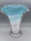 Vntg Murano Style Art Glass Vase Teal Blue White Swirl Ruffled MCM 9" Hand Blown